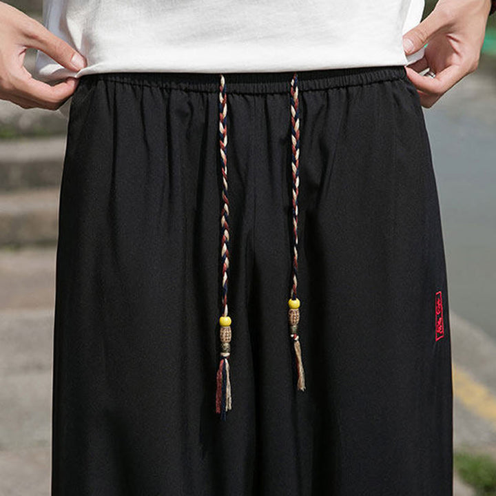 Buddha Stones Summer Casual Drawstring Chinese Character Carefree Embroidery Ankle Pants Men's Harem Pants With Pockets - image 9