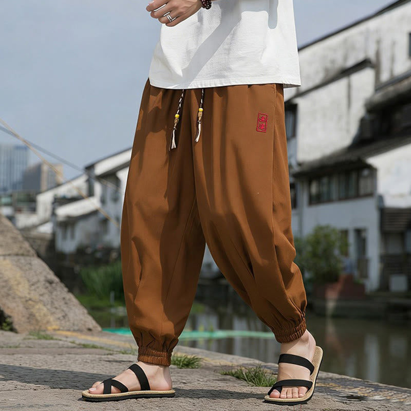 Buddha Stones Summer Casual Drawstring Chinese Character Carefree Embroidery Ankle Pants Men's Harem Pants With Pockets - image 14