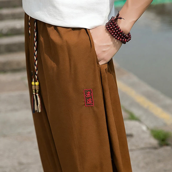 Buddha Stones Summer Casual Drawstring Chinese Character Carefree Embroidery Ankle Pants Men's Harem Pants With Pockets - image 16