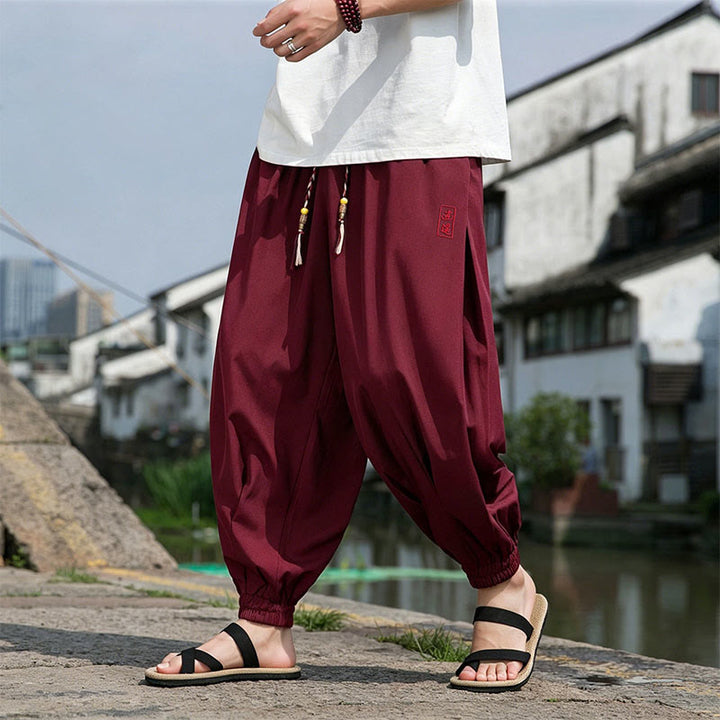 Buddha Stones Summer Casual Drawstring Chinese Character Carefree Embroidery Ankle Pants Men's Harem Pants With Pockets - image 20