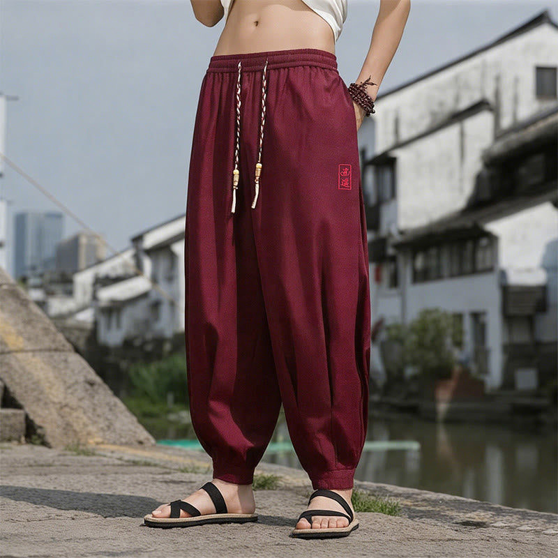 Buddha Stones Summer Casual Drawstring Chinese Character Carefree Embroidery Ankle Pants Men's Harem Pants With Pockets - Maroon - US/UK/AU46，EU56 (5XL) - image 19