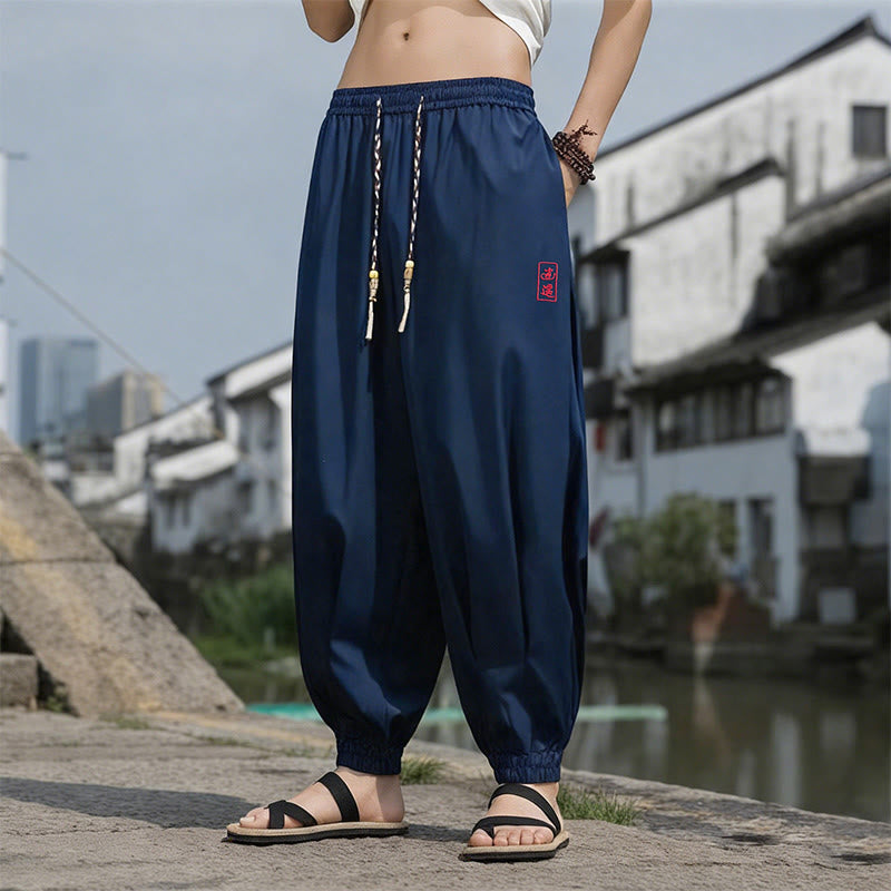 Buddha Stones Summer Casual Drawstring Chinese Character Carefree Embroidery Ankle Pants Men's Harem Pants With Pockets - Navy - US/UK/AU46，EU56 (5XL) - image 0
