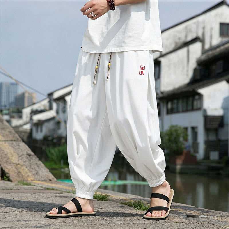 Buddha Stones Summer Casual Drawstring Chinese Character Carefree Embroidery Ankle Pants Men's Harem Pants With Pockets - image 22