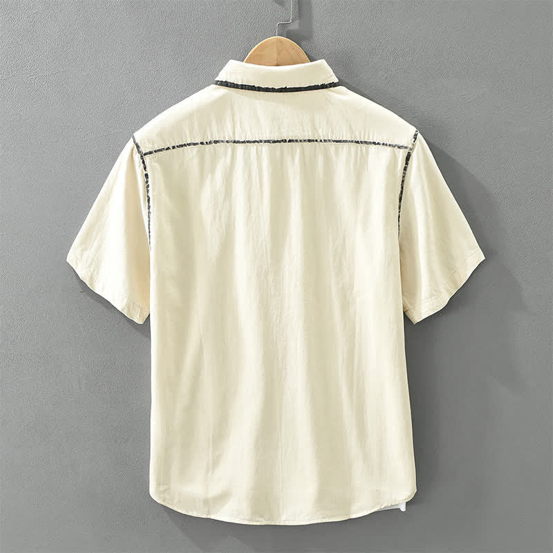 Buddha Stones Summer Casual Vintage Line Design Button-Up Solid Men's Short Sleeve Shirts - image 1