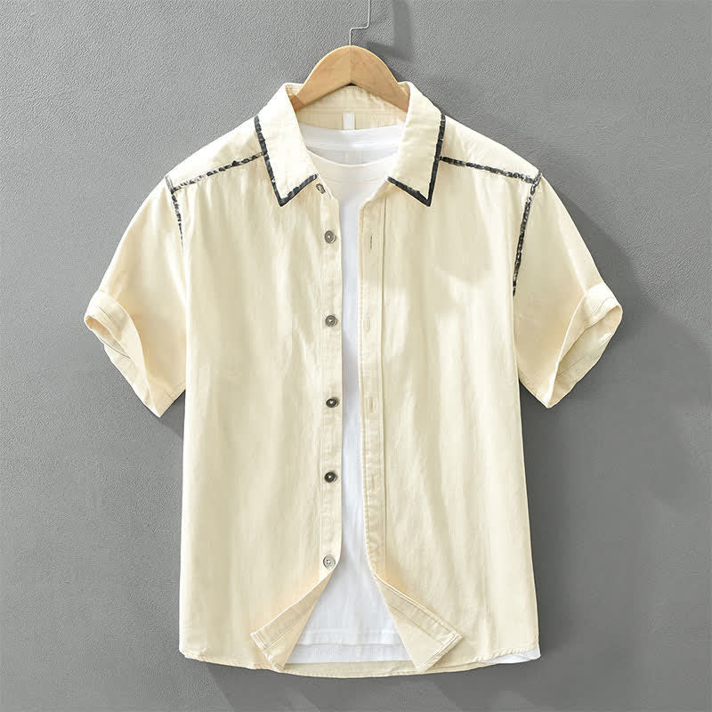 Buddha Stones Summer Casual Vintage Line Design Button-Up Solid Men's Short Sleeve Shirts - AntiqueWhite - US/UK/AU42，EU52 (3XL) - image 0