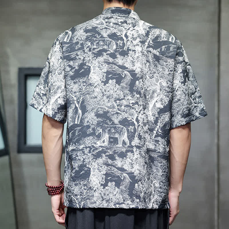 Buddha Stones Summer Tang Style Frog Button Trees Abstract Pattern Men's Short Sleeve Shirts - image 4