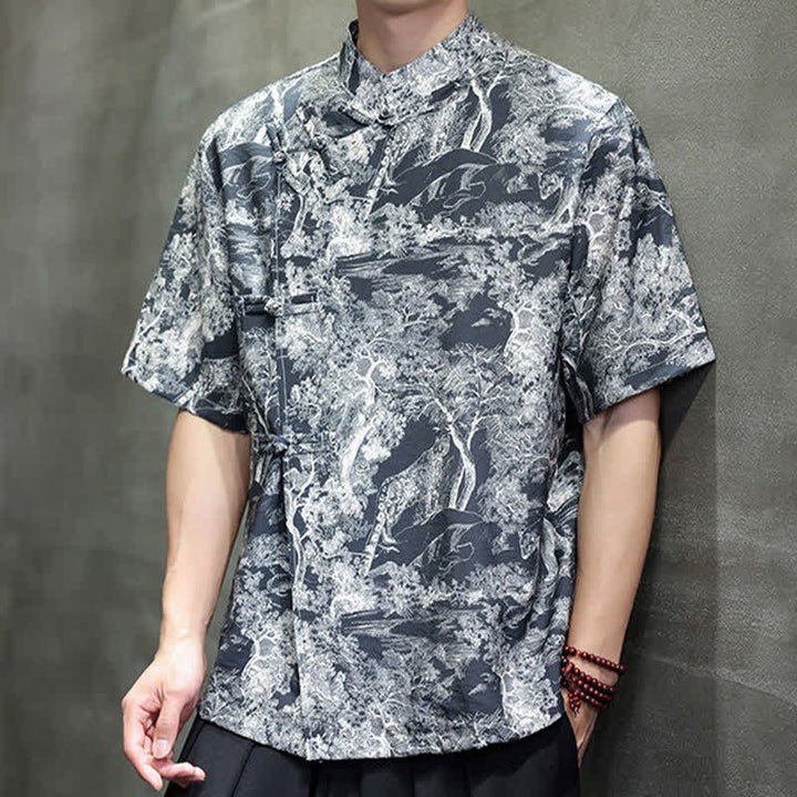 Buddha Stones Summer Tang Style Frog Button Trees Abstract Pattern Men's Short Sleeve Shirts - image 5