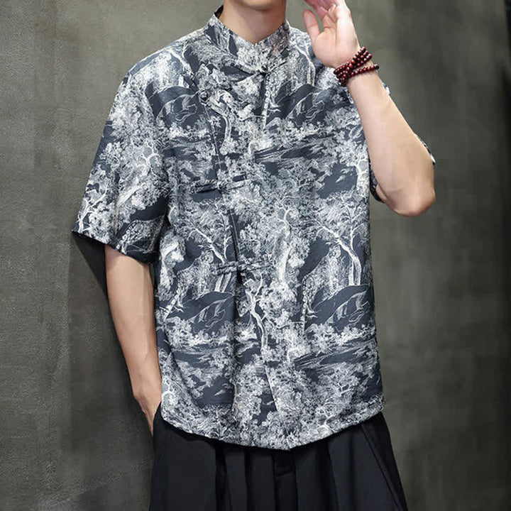 Buddha Stones Summer Tang Style Frog Button Trees Abstract Pattern Men's Short Sleeve Shirts - image 3
