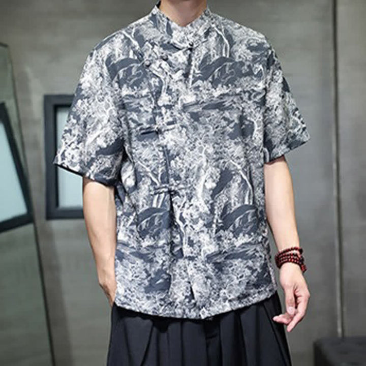 Buddha Stones Summer Tang Style Frog Button Trees Abstract Pattern Men's Short Sleeve Shirts - image 7