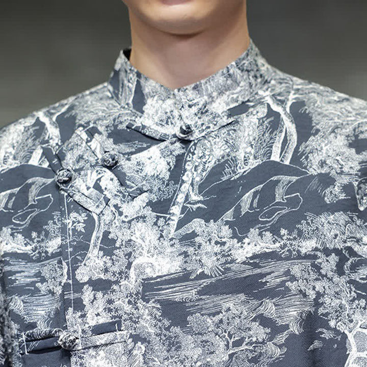 Buddha Stones Summer Tang Style Frog Button Trees Abstract Pattern Men's Short Sleeve Shirts - image 10