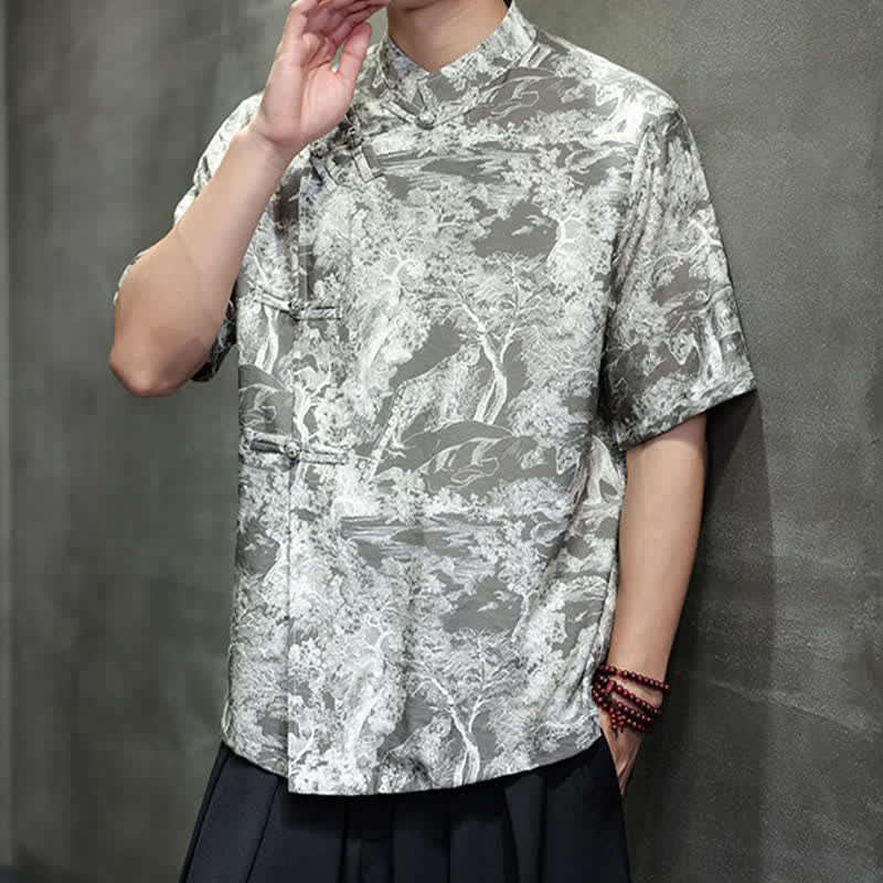 Buddha Stones Summer Tang Style Frog Button Trees Abstract Pattern Men's Short Sleeve Shirts - image 21
