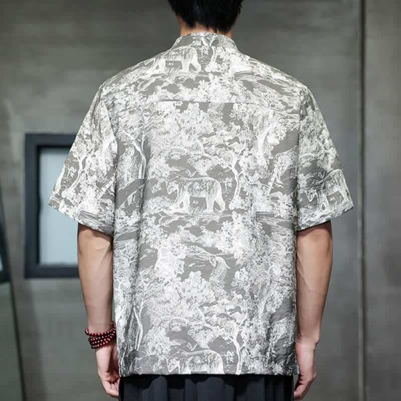 Buddha Stones Summer Tang Style Frog Button Trees Abstract Pattern Men's Short Sleeve Shirts - image 16
