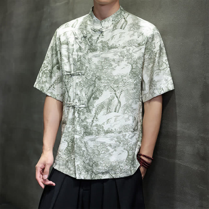 Buddha Stones Summer Tang Style Frog Button Trees Abstract Pattern Men's Short Sleeve Shirts - image 33