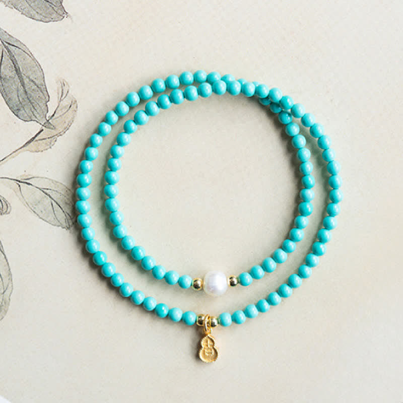 Buddha Stones Turquoise Pearl Gourd Pendant Double Wrap Protection Handmade Bracelet - image 6