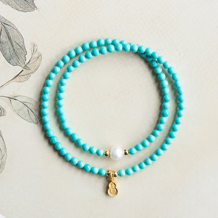 Buddha Stones Turquoise Pearl Gourd Pendant Double Wrap Protection Handmade Bracelet - image 6