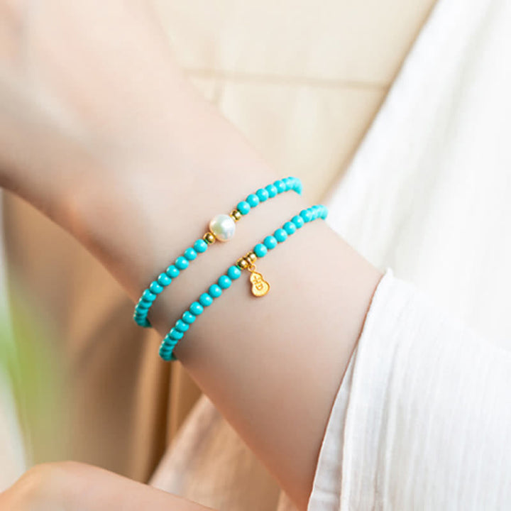 Buddha Stones Turquoise Pearl Gourd Pendant Double Wrap Protection Handmade Bracelet - image 11
