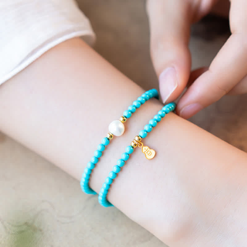 Buddha Stones Turquoise Pearl Gourd Pendant Double Wrap Protection Handmade Bracelet - image 10