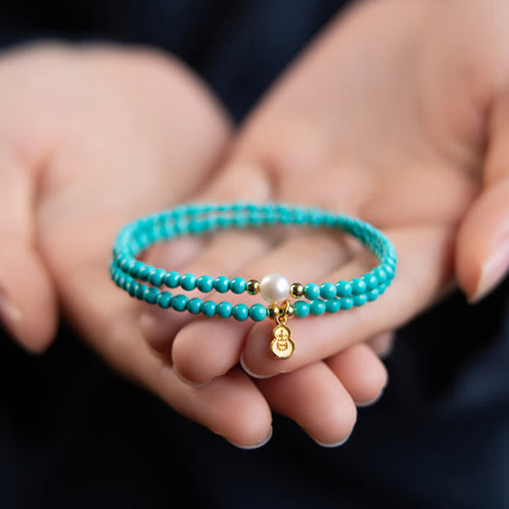 Buddha Stones Turquoise Pearl Gourd Pendant Double Wrap Protection Handmade Bracelet - Turquoise(Purification ♥ Serenity) - image 0