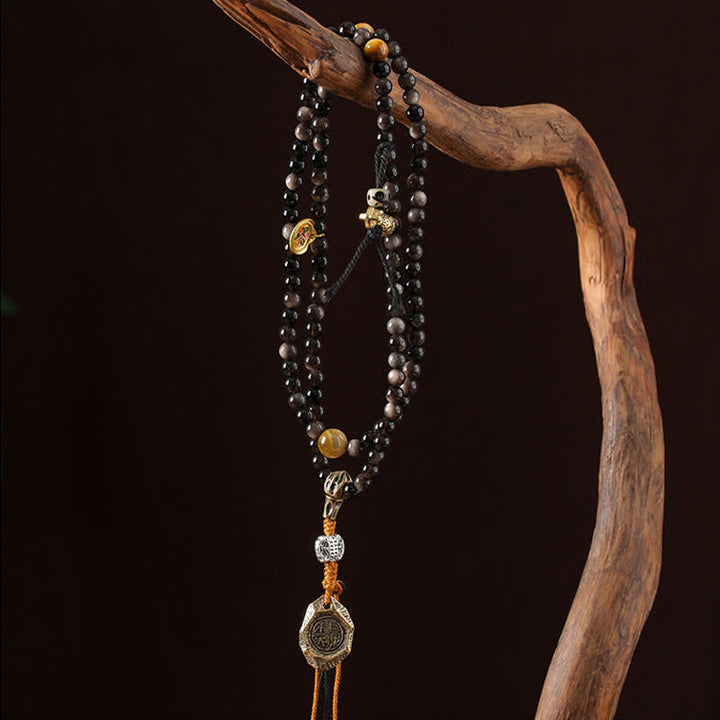 Buddha Stones Silver Sheen Obsidian Garuda Protection Hand-Woven Bead Necklace - image 7