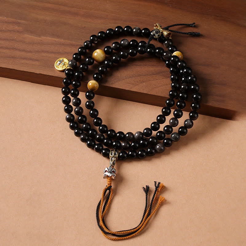 Buddha Stones Silver Sheen Obsidian Garuda Protection Hand-Woven Bead Necklace - image 0
