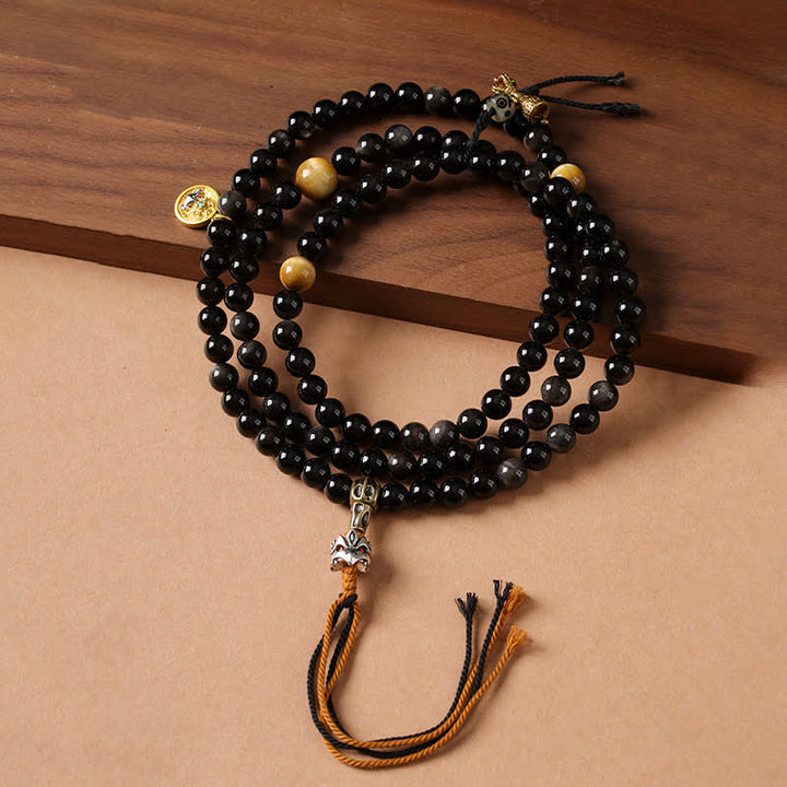 Buddha Stones Silver Sheen Obsidian Garuda Protection Hand-Woven Bead Necklace - image 0