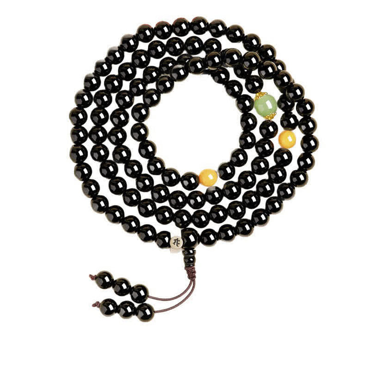 Buddha Stones Black Obsidian Chinese Zodiac Protection Hand Polished 108 Bead Tassel Mala - image 12
