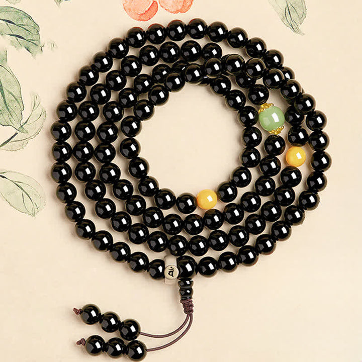 Buddha Stones Black Obsidian Chinese Zodiac Protection Hand Polished 108 Bead Tassel Mala - Goat/Monkey-Tathagata - 8mm - image 7