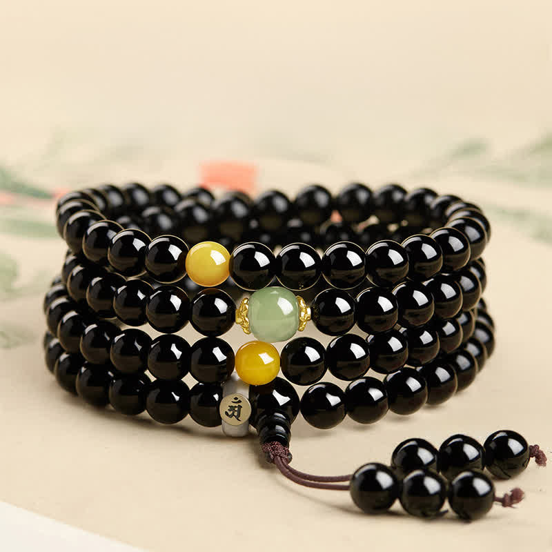 Buddha Stones Black Obsidian Chinese Zodiac Protection Hand Polished 108 Bead Tassel Mala - image 10