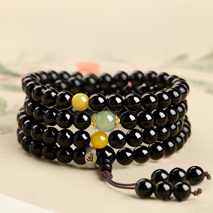 Buddha Stones Black Obsidian Chinese Zodiac Protection Hand Polished 108 Bead Tassel Mala - image 10