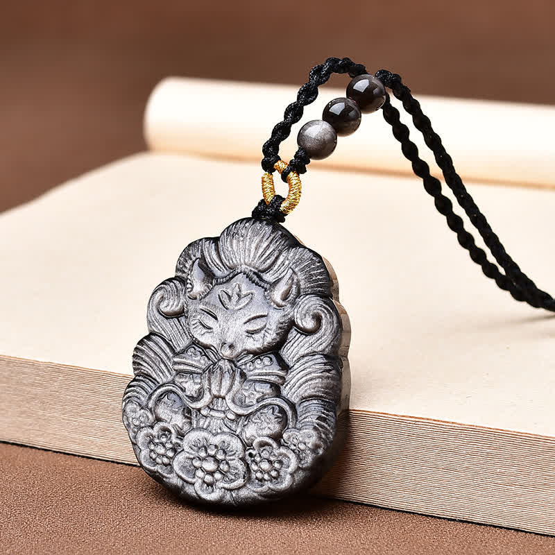 Buddha Stones Black Obsidian Nine-Tail Fox Protection Hand Carved Necklace - Black Obsidian(Purification♥Strength) - image 0