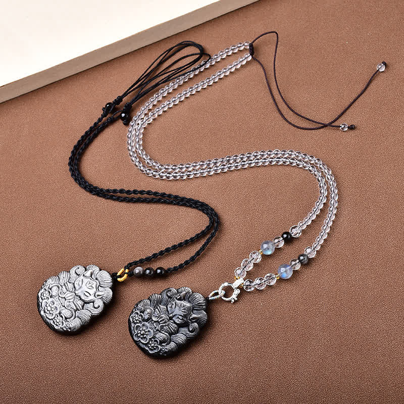 Buddha Stones Black Obsidian Nine-Tail Fox Protection Hand Carved Necklace - image 4