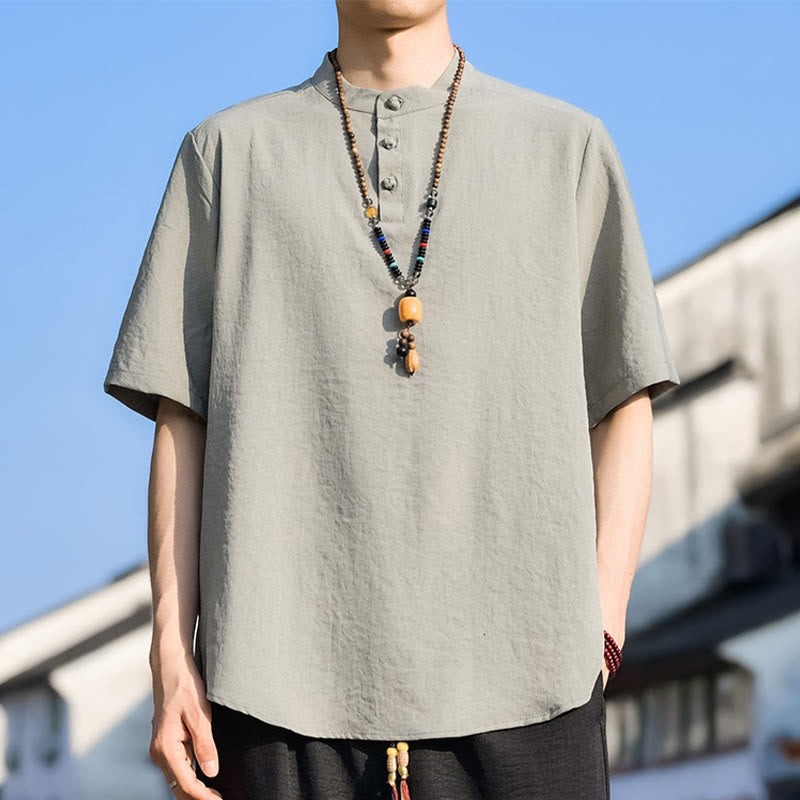 Buddha Stones Summer Casual Mandarin Collar Three Buttons Solid Men's Short Sleeve Shirts - OldLace - US/UK/AU48, EU58 (5XL) - image 0