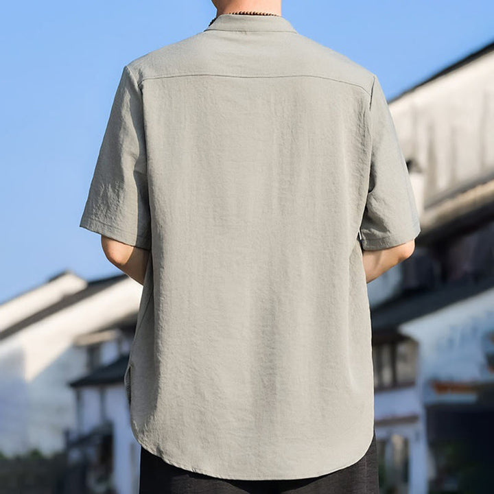 Buddha Stones Summer Casual Mandarin Collar Three Buttons Solid Men's Short Sleeve Shirts - image 3