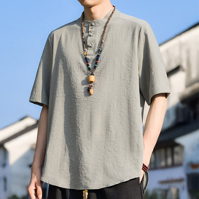 Buddha Stones Summer Casual Mandarin Collar Three Buttons Solid Men's Short Sleeve Shirts - image 2