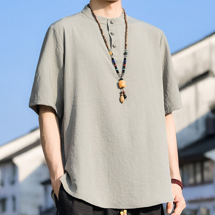 Buddha Stones Summer Casual Mandarin Collar Three Buttons Solid Men's Short Sleeve Shirts - image 4