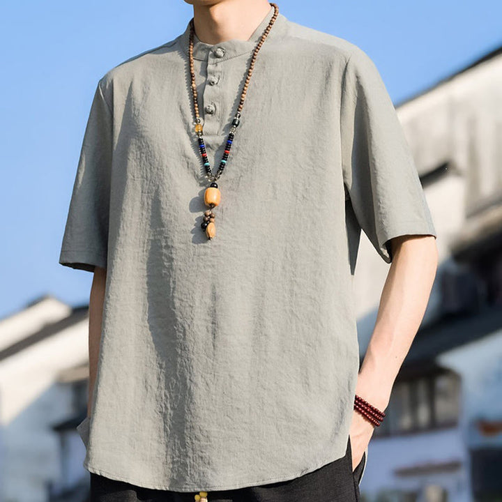 Buddha Stones Summer Casual Mandarin Collar Three Buttons Solid Men's Short Sleeve Shirts - image 5