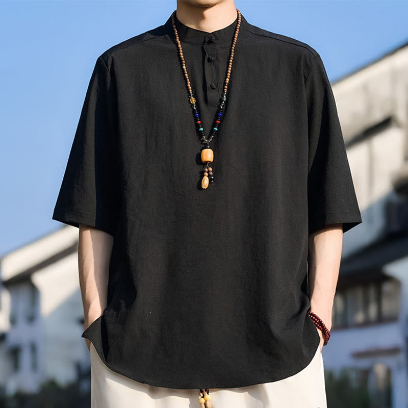 Buddha Stones Summer Casual Mandarin Collar Three Buttons Solid Men's Short Sleeve Shirts - Black - US/UK/AU48, EU58 (5XL) - image 6
