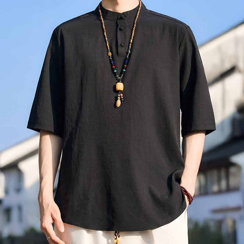 Buddha Stones Summer Casual Mandarin Collar Three Buttons Solid Men's Short Sleeve Shirts - image 13