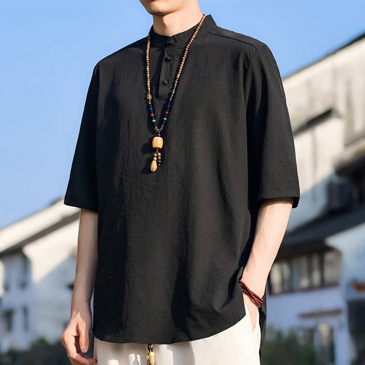Buddha Stones Summer Casual Mandarin Collar Three Buttons Solid Men's Short Sleeve Shirts - image 10
