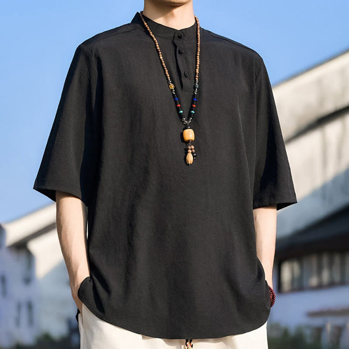 Buddha Stones Summer Casual Mandarin Collar Three Buttons Solid Men's Short Sleeve Shirts - image 9