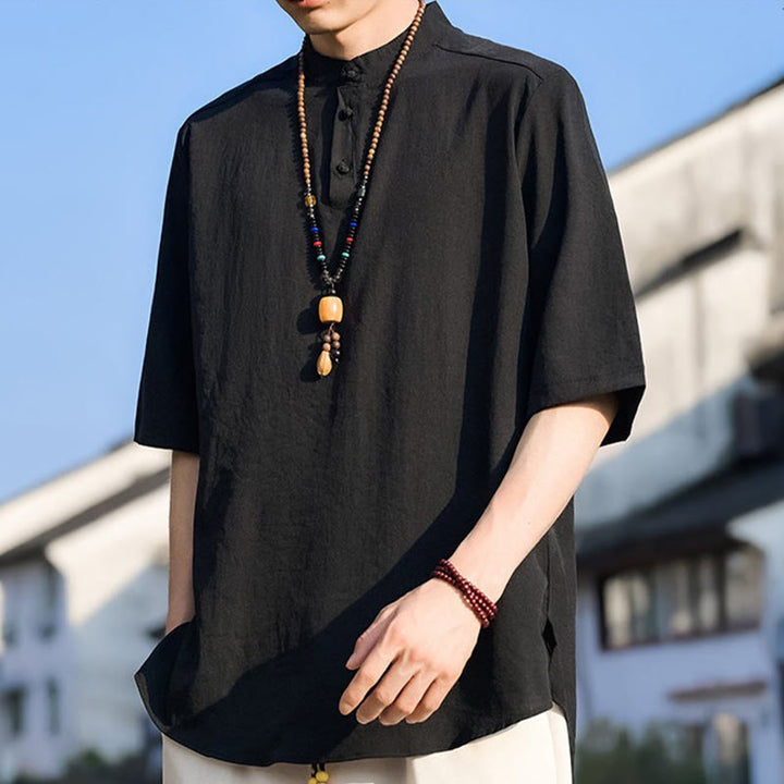 Buddha Stones Summer Casual Mandarin Collar Three Buttons Solid Men's Short Sleeve Shirts - image 11