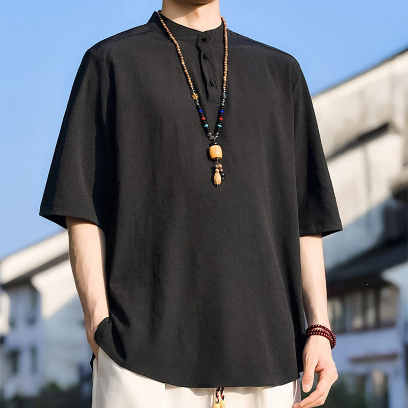 Buddha Stones Summer Casual Mandarin Collar Three Buttons Solid Men's Short Sleeve Shirts - image 12