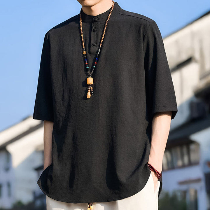 Buddha Stones Summer Casual Mandarin Collar Three Buttons Solid Men's Short Sleeve Shirts - image 8