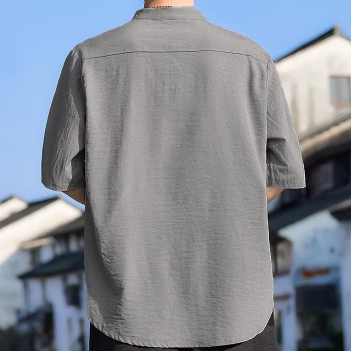 Buddha Stones Summer Casual Mandarin Collar Three Buttons Solid Men's Short Sleeve Shirts - image 18