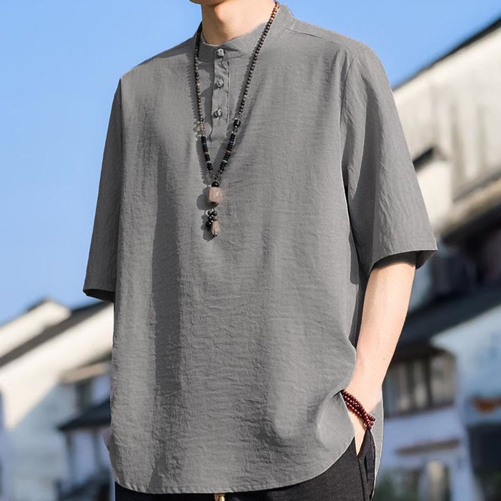 Buddha Stones Summer Casual Mandarin Collar Three Buttons Solid Men's Short Sleeve Shirts - image 20