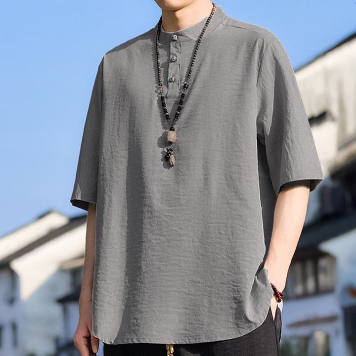 Buddha Stones Summer Casual Mandarin Collar Three Buttons Solid Men's Short Sleeve Shirts - image 17