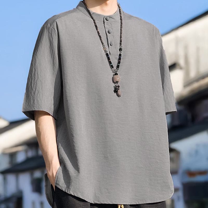Buddha Stones Summer Casual Mandarin Collar Three Buttons Solid Men's Short Sleeve Shirts - image 15