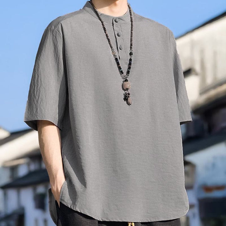 Buddha Stones Summer Casual Mandarin Collar Three Buttons Solid Men's Short Sleeve Shirts - image 15