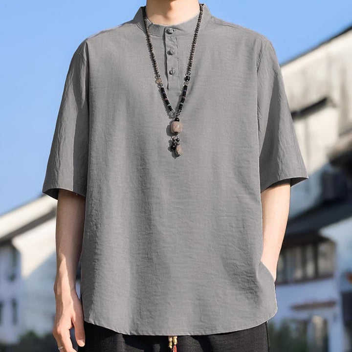 Buddha Stones Summer Casual Mandarin Collar Three Buttons Solid Men's Short Sleeve Shirts - LightGray - US/UK/AU48, EU58 (5XL) - image 14