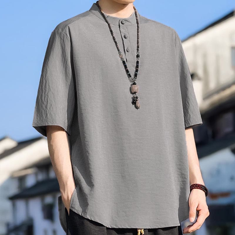 Buddha Stones Summer Casual Mandarin Collar Three Buttons Solid Men's Short Sleeve Shirts - image 21